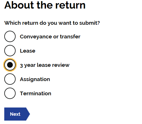 A radio menu titled “About the return: Which return do you want to submit?”. The option “3 year lease review” is selected.