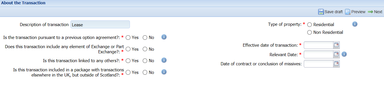 About the Transaction – Lease Screenshot of 'About the Transaction – Lease' page