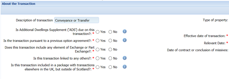 About the Transaction - Conveyance or Transfer Screenshot of 'About the Transaction - Conveyance or Transfer' page